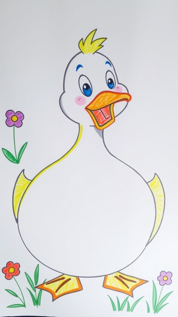 A cheerful cartoon duck drawing with a bright yellow body and orange beak, set in a simple outdoor background.